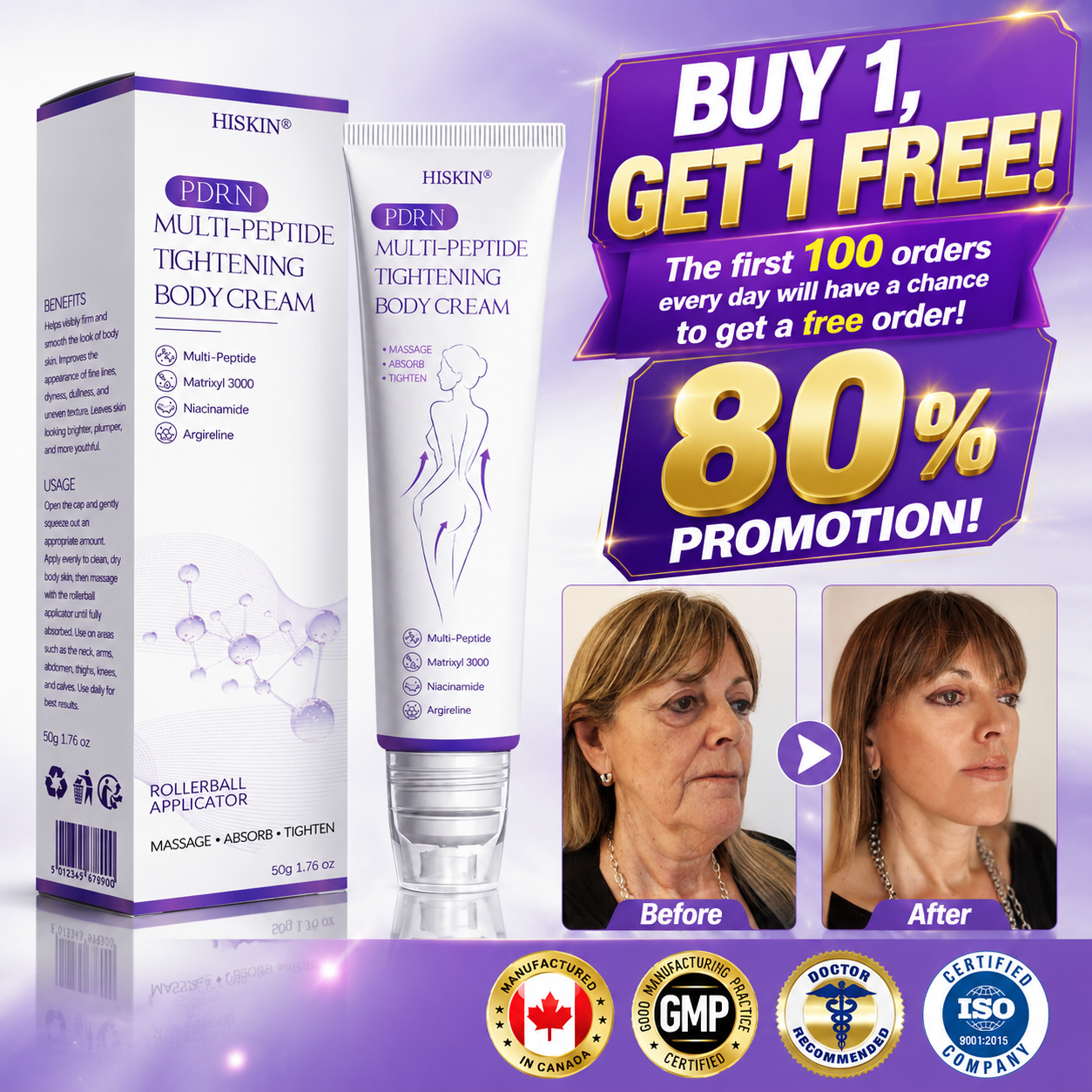 HISKIN® PDRN Multi-Peptide Massaging Body Roller Cream- Anti-aging, Hydrating, Skin Firming & Lifting, Skin Repair, Even Tone, Acne and Dark Spot Treatment, Wart and Mole Removal, and Psoriasis Relief.